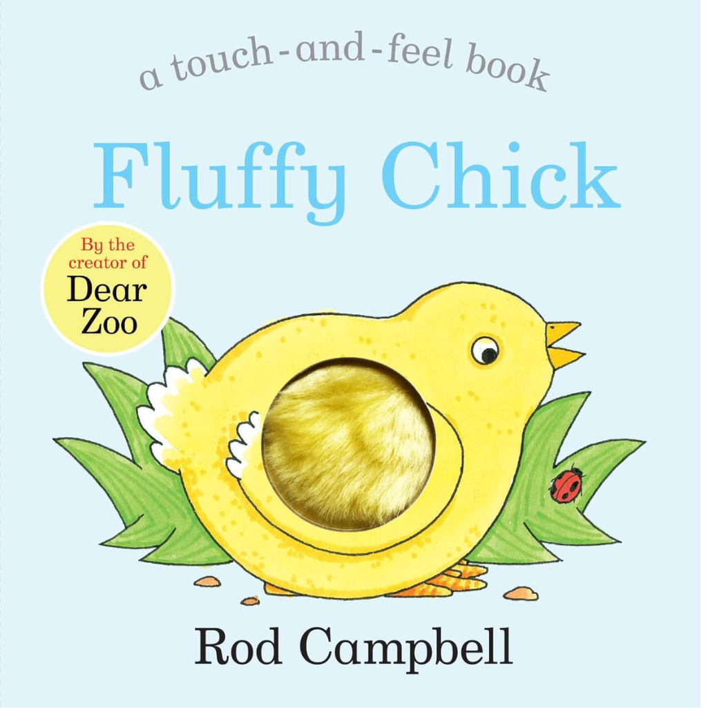 Book cover of 'Fluffy Chick' with a yellow chick illustration and text about touch-and-feel book and creator.