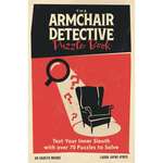 Book cover of 'The Armchair Detective Puzzle Book' with a black armchair, magnifying glass, and question marks on a red background.