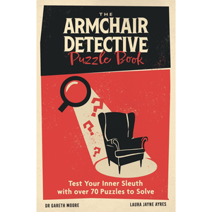 Book cover of 'The Armchair Detective Puzzle Book' with a black armchair, magnifying glass, and question marks on a red background.