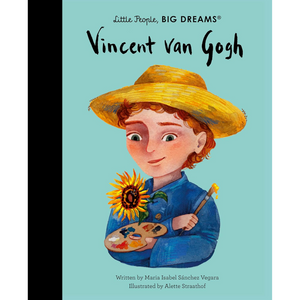 Book cover of 'Little People, Big Dreams: Vincent van Gogh' with illustration of a child holding a sunflower and paintbrush.