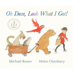 Book cover of 'Oh Dear, Look What I Got!' with illustrations of a bear, bird, snake, and person.