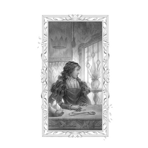 Vintage-style illustration of a woman sitting at a table with decorative frame