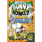 Book cover of 'Bunny vs Monkey: The Whopping World of Puzzles' with cartoon characters and puzzle pieces.