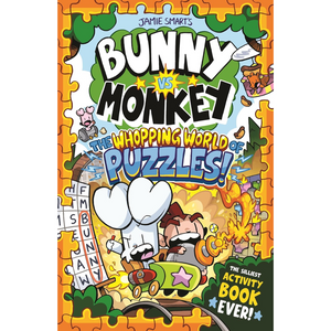 Book cover of 'Bunny vs Monkey: The Whopping World of Puzzles' with cartoon characters and puzzle pieces.