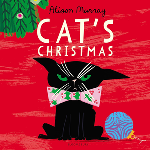 Book cover of 'Cat's Christmas' with a black cat wearing a bow tie on a red background.