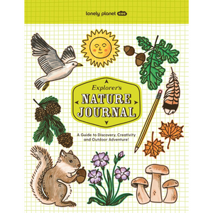 Cover of 'Explorer's Nature Journal' by Lonely Planet Kids with illustrations of nature elements on a checkered background.