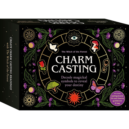 Box for 'Charm Casting' game with mystical design elements on a black background