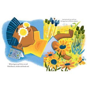 Illustration of a bear with flowers and text on a white background