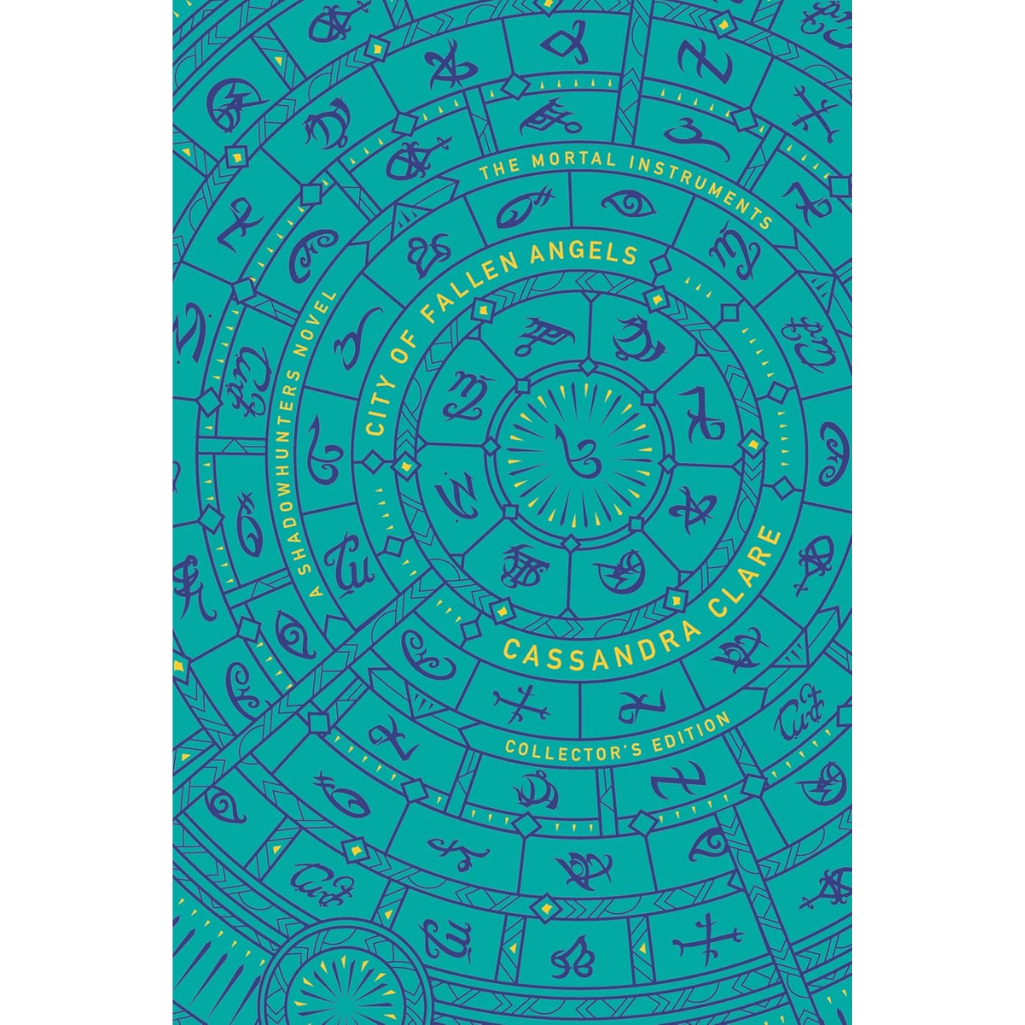 Teal book cover with intricate designs and text, featuring 'The Mortal Instruments' series.