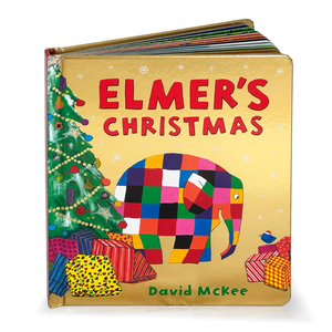 Children's book titled 'Elmer's Christmas' with a colorful elephant and Christmas tree on the cover.