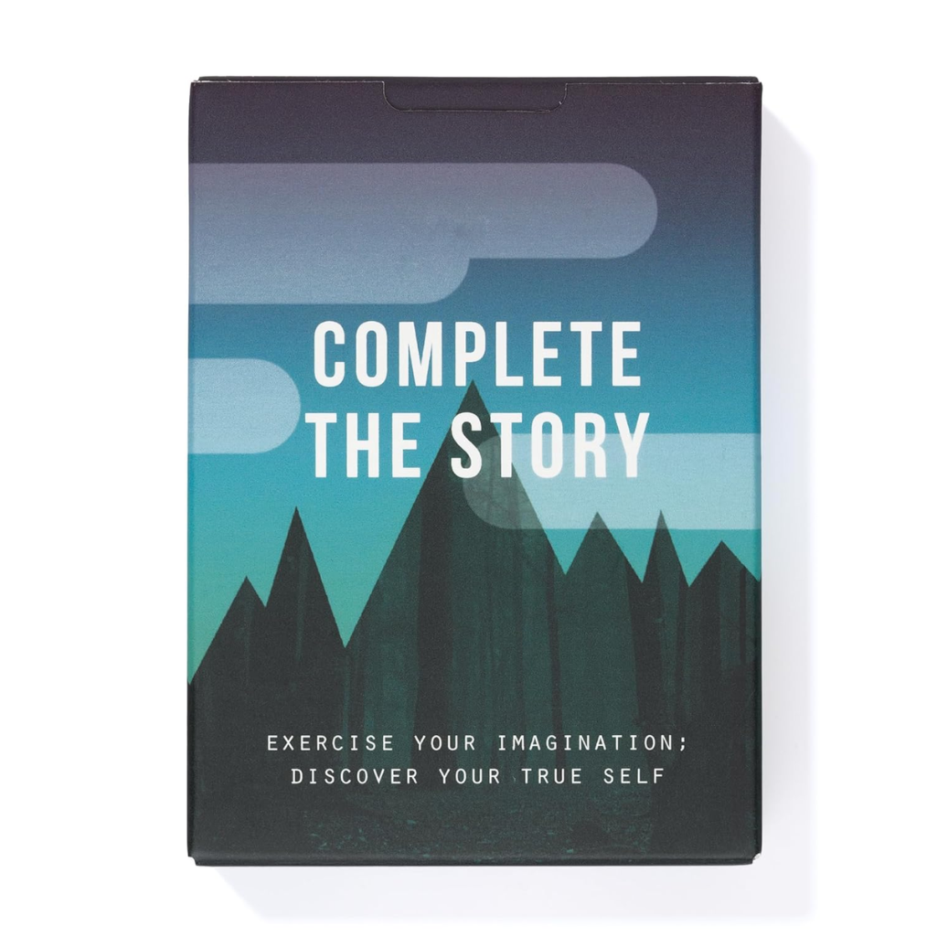 Card game box titled 'Complete the Story' with mountain design on a white background