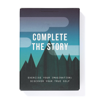 Card game box titled 'Complete the Story' with mountain design on a white background