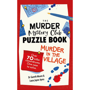 Book cover of 'The Murder Mystery Club Puzzle Book: Murder in the Village' with red border and puzzle elements.