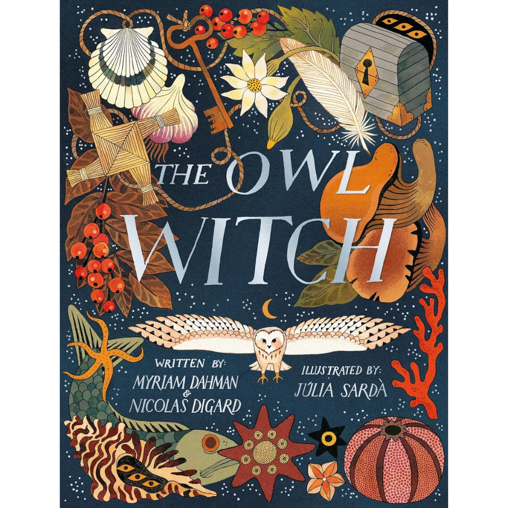 Book cover of 'The Owl Witch' with illustrations and text.