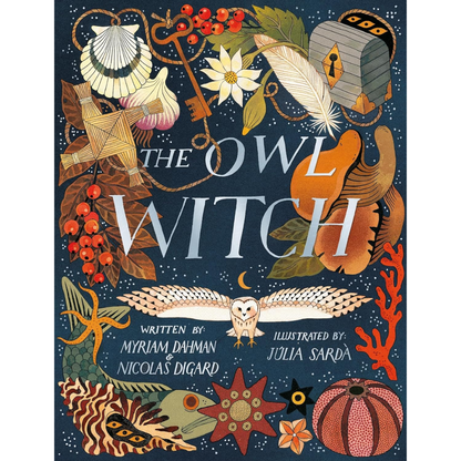 Book cover of 'The Owl Witch' with illustrations and text.