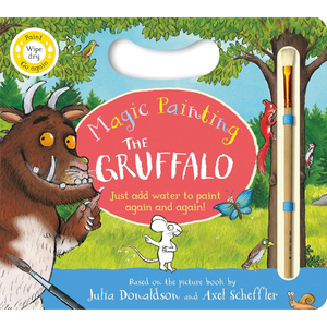 Children's book titled 'The Gruffalo' with a paintbrush and water container on a colorful background.