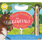 Children's book titled 'The Gruffalo' with a paintbrush and water container on a colorful background.