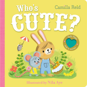 Book cover of 'Who's Cute?' with a bunny and mouse illustration on a yellow background