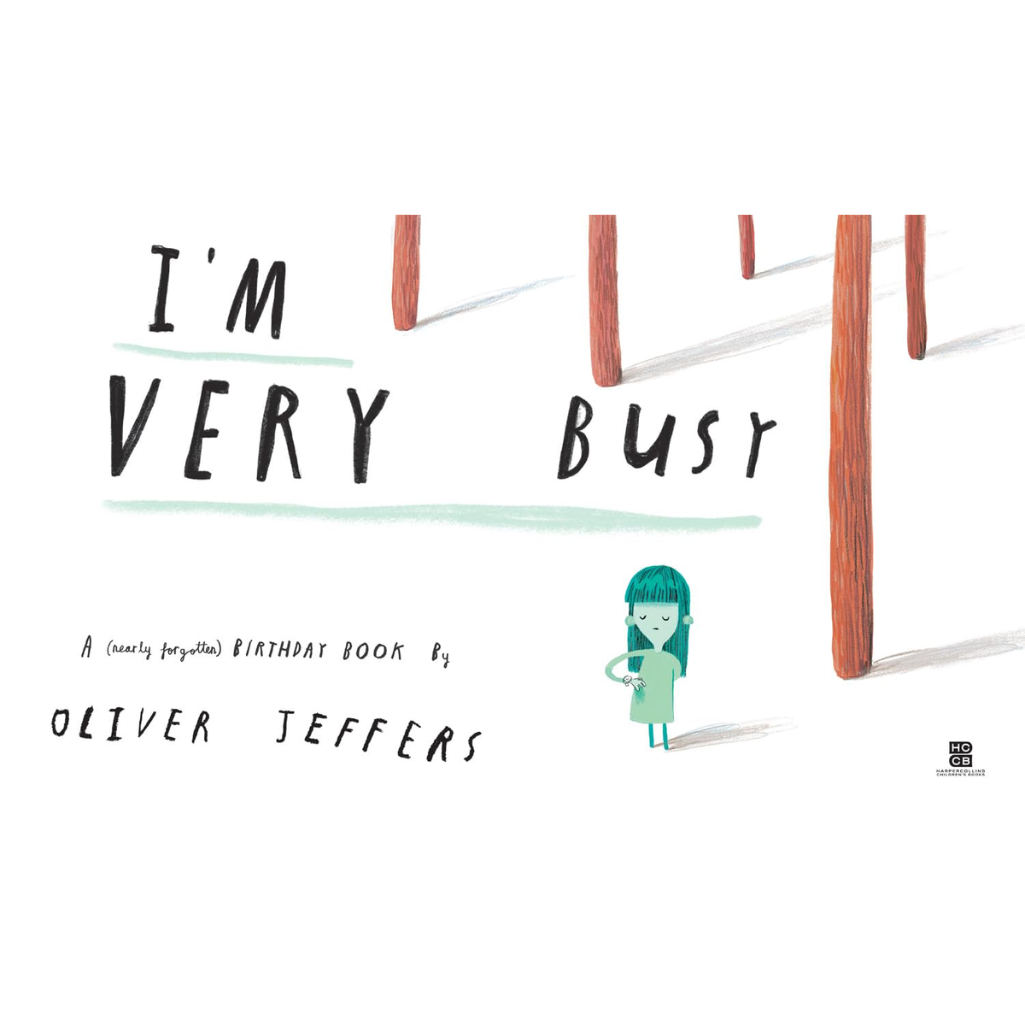 Book cover of 'I'm Very Busy' by Oliver Jeffers with a character standing on a seesaw.