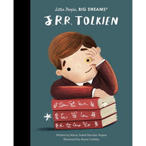 Book cover of 'J.R.R. Tolkien' from 'Little People, BIG DREAMS' series with illustration of a boy with books.