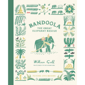 Book cover of 'Bandoola: The Great Elephant Rescue' with illustrations of an elephant and nature elements.