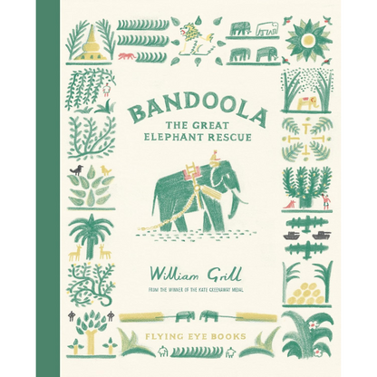 Book cover of 'Bandoola: The Great Elephant Rescue' with illustrations of an elephant and nature elements.
