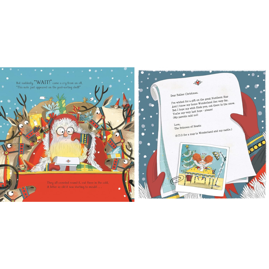 Illustrated book open to a page with Santa Claus and reindeer, and a letter being held.