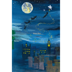 Illustration of Peter Pan flying over a city at night with a large moon and stars.