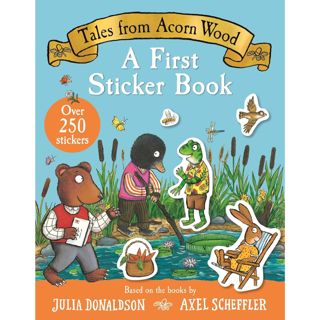 Book cover of 'A First Sticker Book' from 'Tales from Acorn Wood' with cartoon animals and stickers.