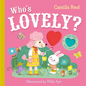 Book cover of 'Who's Lovely?' with a pink background, cartoon characters, and colorful elements.