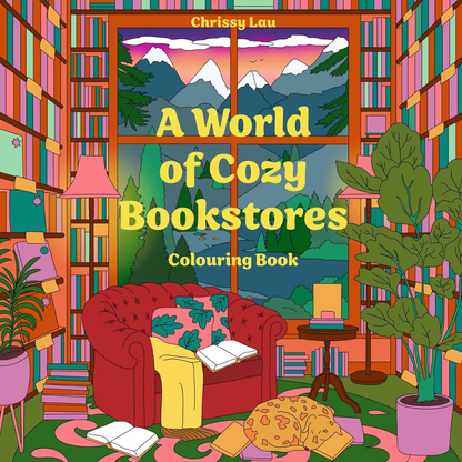 Colorful illustration of a cozy bookshop with books and furniture, featuring the title 'A World of Cozy Bookstores' by Chrissy Lau.