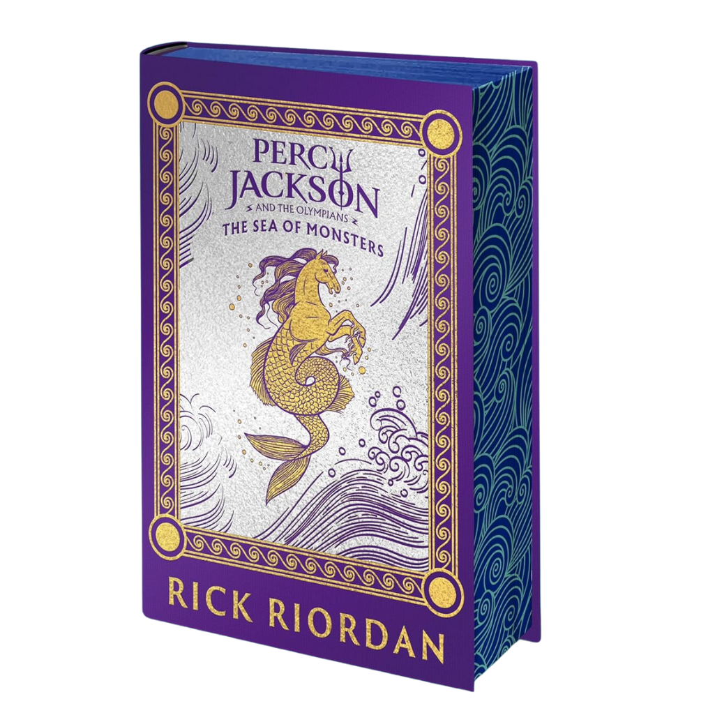Book cover of 'Percy Jackson and the Sea of Monsters' by Rick Riordan with a purple and gold design.