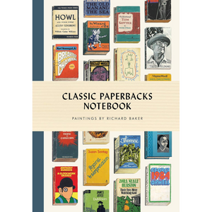 Notebook cover with illustrations of classic book covers and text 'Classic Paperbacks Notebook' by Richard Baker.