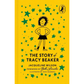 Book cover of 'The Story of Tracy Beaker' with a yellow background and green stars.