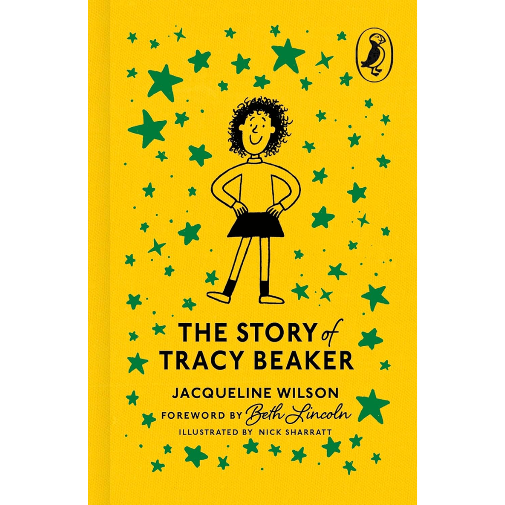 Book cover of 'The Story of Tracy Beaker' with a yellow background and green stars.