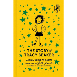 Book cover of 'The Story of Tracy Beaker' with a yellow background and green stars.
