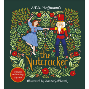 Book cover of 'The Nutcracker' by E.T.A. Hoffmann with illustrations and text on a green background.