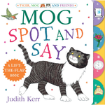 Book cover of 'Mog Spot and Say' with a cat illustration and colorful text.