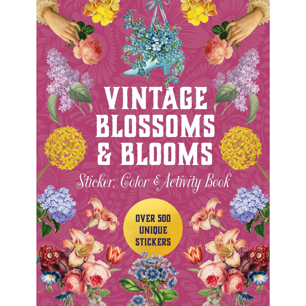 Book cover of 'Vintage Blossoms & Blooms' with floral designs and a pink background