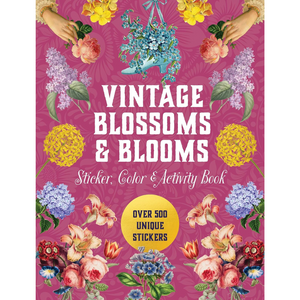 Book cover of 'Vintage Blossoms & Blooms' with floral designs and a pink background
