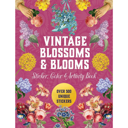 Book cover of 'Vintage Blossoms & Blooms' with floral designs and a pink background