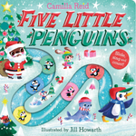 Book cover of 'Five Little Penguins' with penguin illustrations and festive elements.