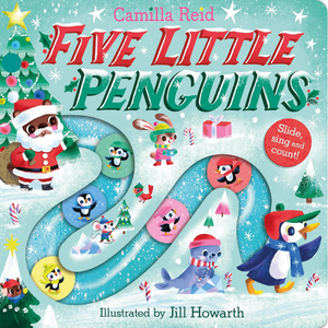 Book cover of 'Five Little Penguins' with penguin illustrations and festive elements.