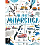 Book cover of 'All About Antarctica' with illustrations of Antarctic scenes and activities.