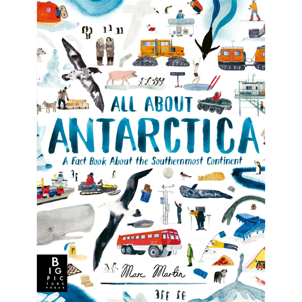 Book cover of 'All About Antarctica' with illustrations of Antarctic scenes and activities.