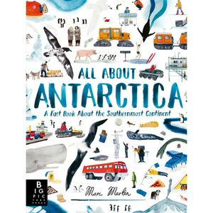 Book cover of 'All About Antarctica' with illustrations of Antarctic scenes and activities.