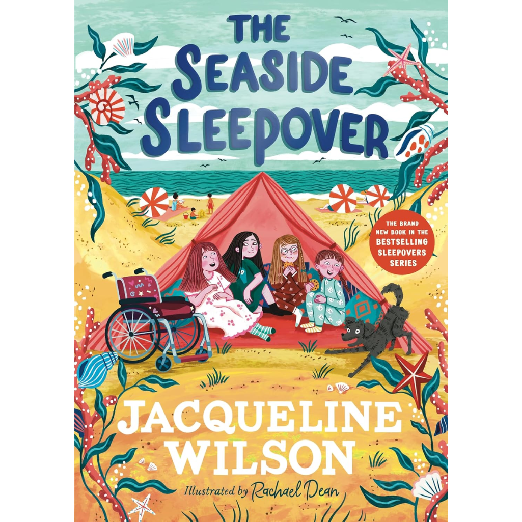 Book cover of 'The Seaside Sleepover' by Jacqueline Wilson with a colorful illustration of children at a beach.