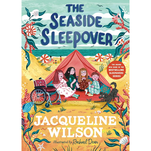 Book cover of 'The Seaside Sleepover' by Jacqueline Wilson with a colorful illustration of children at a beach.