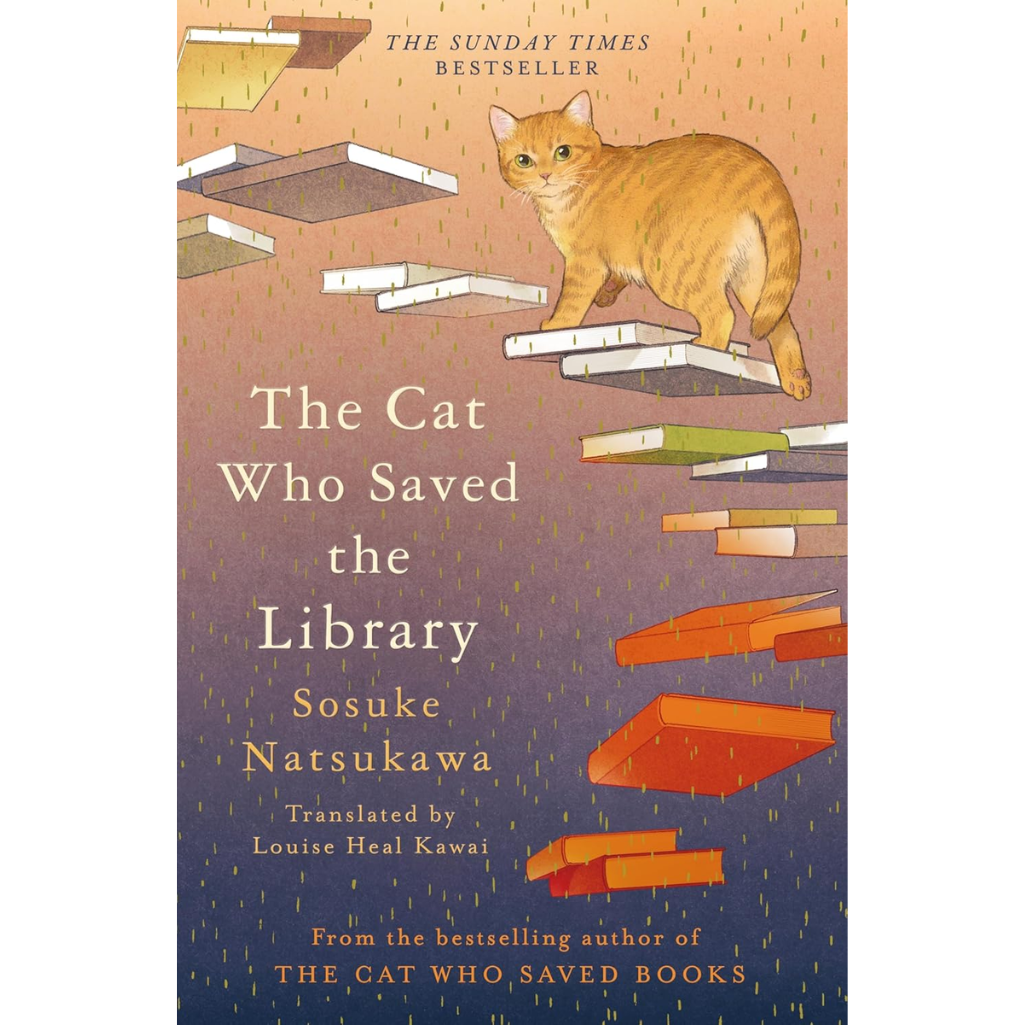 Book cover of 'The Cat Who Saved the Library' with a cat on shelves