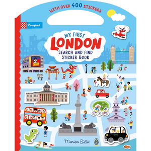 Children's book cover titled 'My First London Search and Find Sticker Book' with illustrations of London landmarks and activities.
